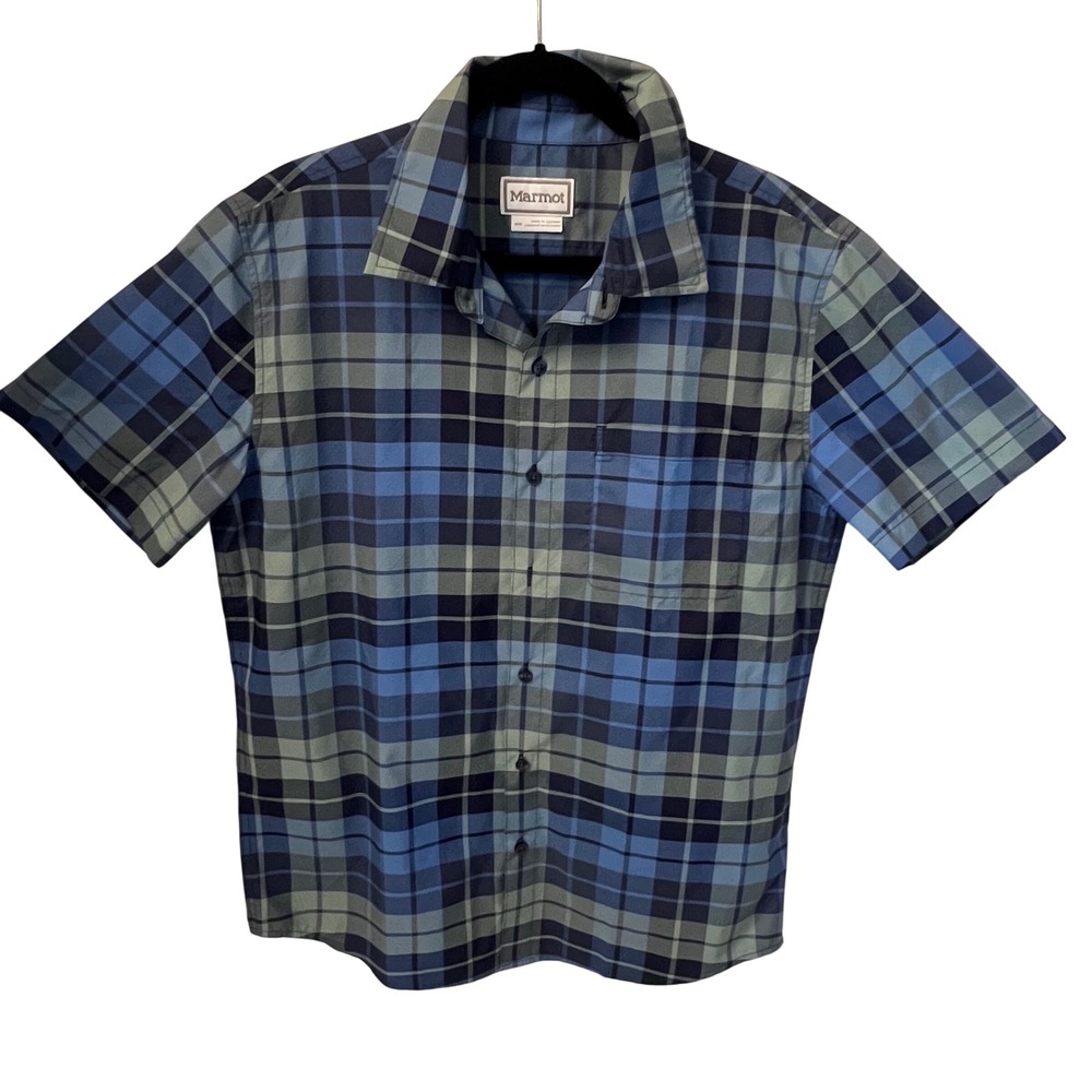 Marmot NWOT Blue Plaid Short Sleeve Button Down Ripstop Hiking Shirt Size M